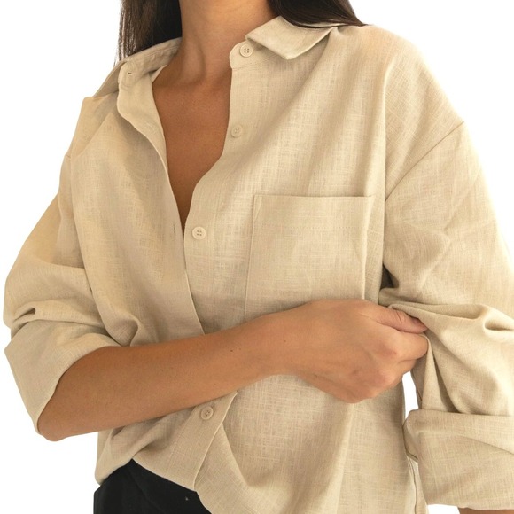 Oak + Fort Womens Beige Linen Blend Button Down Shirt Long Sleeve Relaxed Fit S - Picture 9 of 9